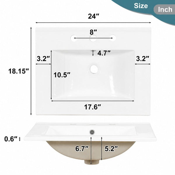 English Elm 24 Inch Modern Bathroom Vanity Solid Pine Cabinet Ceramic Sink Soft Close Storage White N729P515976K