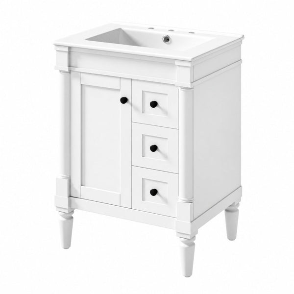 English Elm 24 Inch Modern Bathroom Vanity Solid Pine Cabinet Ceramic Sink Soft Close Storage White N729P515976K