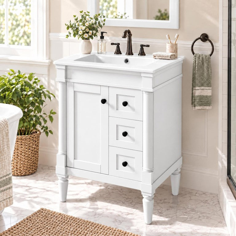 English Elm 24 Inch Modern Bathroom Vanity Solid Pine Cabinet Ceramic Sink Soft Close Storage White N729P515976K