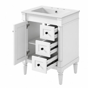 English Elm 24 Inch Modern Bathroom Vanity Solid Pine Cabinet Ceramic Sink Soft Close Storage White N729P515976K