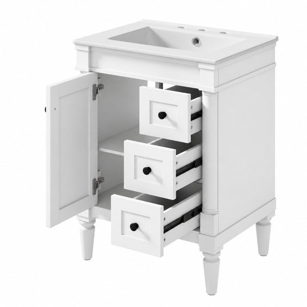 English Elm 24 Inch Modern Bathroom Vanity Solid Pine Cabinet Ceramic Sink Soft Close Storage White N729P515976K