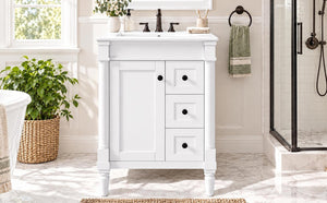English Elm 24 Inch Modern Bathroom Vanity Solid Pine Cabinet Ceramic Sink Soft Close Storage White N729P515976K