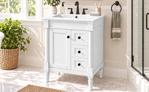 English Elm 24 Inch Modern Bathroom Vanity Solid Pine Cabinet Ceramic Sink Soft Close Storage White N729P515976K