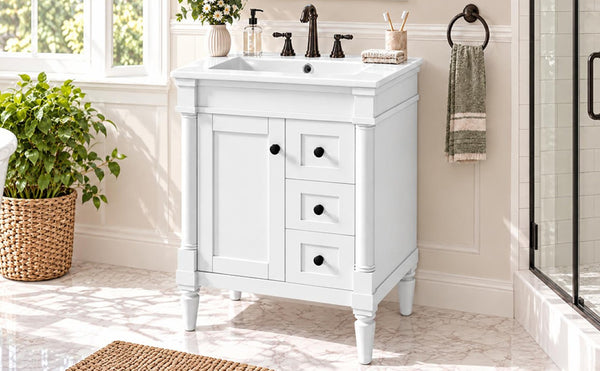 English Elm 24 Inch Modern Bathroom Vanity Solid Pine Cabinet Ceramic Sink Soft Close Storage White N729P515976K