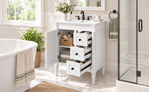 English Elm 24 Inch Modern Bathroom Vanity Solid Pine Cabinet Ceramic Sink Soft Close Storage White N729P515976K