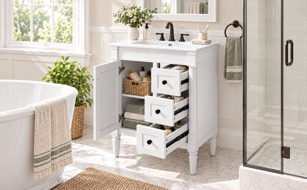 English Elm 24 Inch Modern Bathroom Vanity Solid Pine Cabinet Ceramic Sink Soft Close Storage White N729P515976K