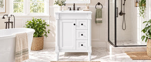 English Elm 24 Inch Modern Bathroom Vanity Solid Pine Cabinet Ceramic Sink Soft Close Storage White N729P515976K