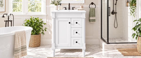English Elm 24 Inch Modern Bathroom Vanity Solid Pine Cabinet Ceramic Sink Soft Close Storage White N729P515976K