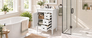 English Elm 24 Inch Modern Bathroom Vanity Solid Pine Cabinet Ceramic Sink Soft Close Storage White N729P515976K