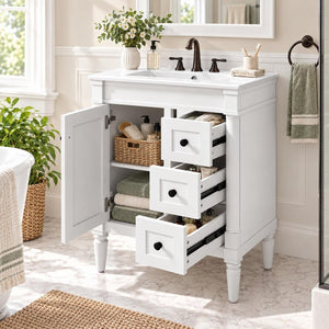 English Elm 24 Inch Modern Bathroom Vanity Solid Pine Cabinet Ceramic Sink Soft Close Storage White N729P515976K