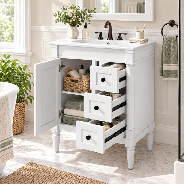 English Elm 24 Inch Modern Bathroom Vanity Solid Pine Cabinet Ceramic Sink Soft Close Storage White N729P515976K