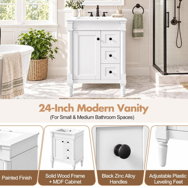English Elm 24 Inch Modern Bathroom Vanity Solid Pine Cabinet Ceramic Sink Soft Close Storage White N729P515976K