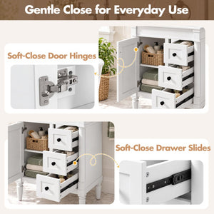 English Elm 24 Inch Modern Bathroom Vanity Solid Pine Cabinet Ceramic Sink Soft Close Storage White N729P515976K