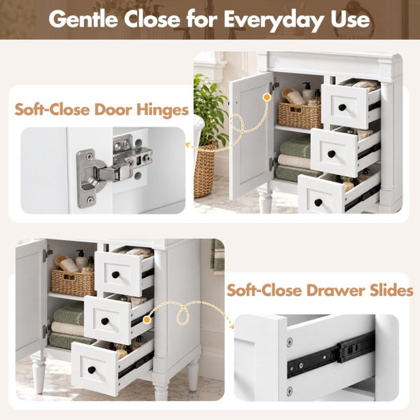 English Elm 24 Inch Modern Bathroom Vanity Solid Pine Cabinet Ceramic Sink Soft Close Storage White N729P515976K