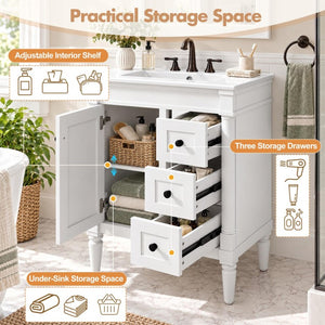 English Elm 24 Inch Modern Bathroom Vanity Solid Pine Cabinet Ceramic Sink Soft Close Storage White N729P515976K