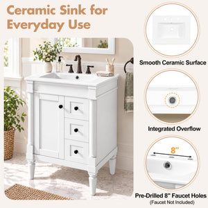 English Elm 24 Inch Modern Bathroom Vanity Solid Pine Cabinet Ceramic Sink Soft Close Storage White N729P515976K