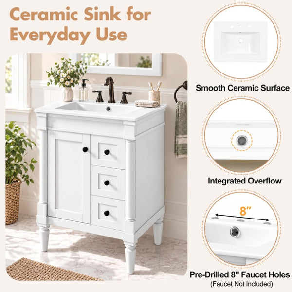 English Elm 24 Inch Modern Bathroom Vanity Solid Pine Cabinet Ceramic Sink Soft Close Storage White N729P515976K