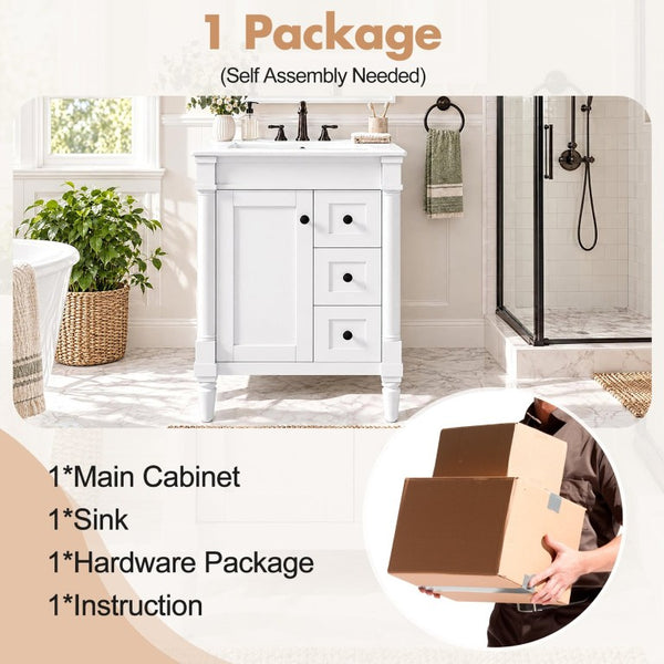 English Elm 24 Inch Modern Bathroom Vanity Solid Pine Cabinet Ceramic Sink Soft Close Storage White N729P515976K
