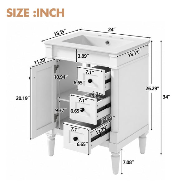 English Elm 24 Inch Modern Bathroom Vanity Solid Pine Cabinet Ceramic Sink Soft Close Storage White N729P515976K