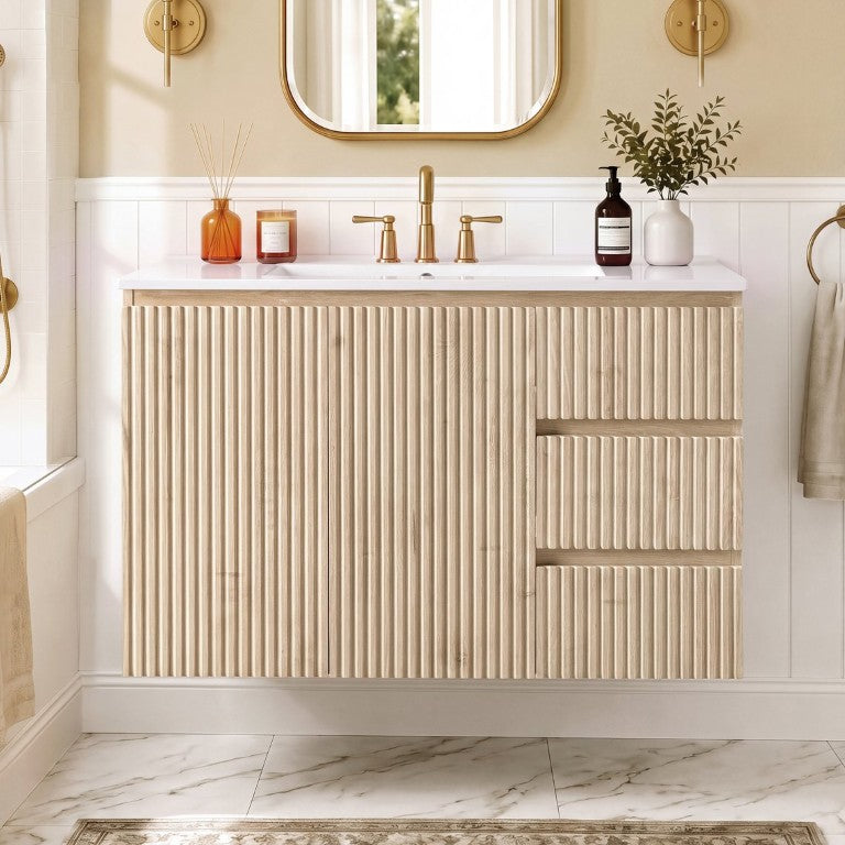English Elm Video 36 Inch Floating Bathroom Vanity Wood Grain Finish Ceramic Sink Soft Close Storage N729P517638N
