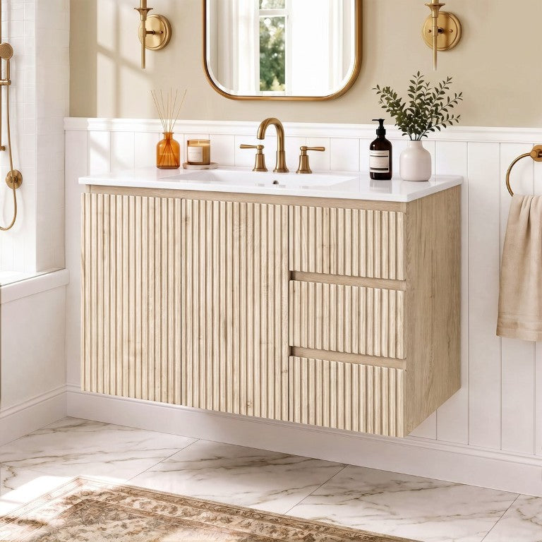 English Elm Video 36 Inch Floating Bathroom Vanity Wood Grain Finish Ceramic Sink Soft Close Storage N729P517638N