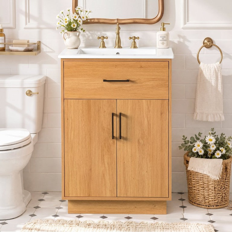 English Elm Viedo]24-Inch Bathroom Vanity Ceramic Sink Wood Grain Cabinet Soft-Close Storage N729P517639N