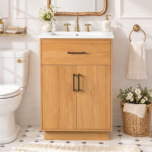English Elm Viedo]24-Inch Bathroom Vanity Ceramic Sink Wood Grain Cabinet Soft-Close Storage N729P517639N