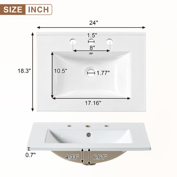 English Elm Viedo]24-Inch Bathroom Vanity Ceramic Sink Wood Grain Cabinet Soft-Close Storage N729P517639N