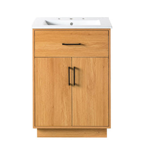 English Elm Viedo]24-Inch Bathroom Vanity Ceramic Sink Wood Grain Cabinet Soft-Close Storage N729P517639N