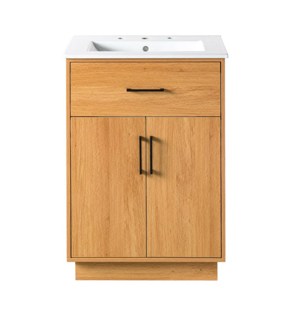 English Elm Viedo]24-Inch Bathroom Vanity Ceramic Sink Wood Grain Cabinet Soft-Close Storage N729P517639N