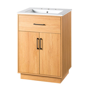 English Elm Viedo]24-Inch Bathroom Vanity Ceramic Sink Wood Grain Cabinet Soft-Close Storage N729P517639N