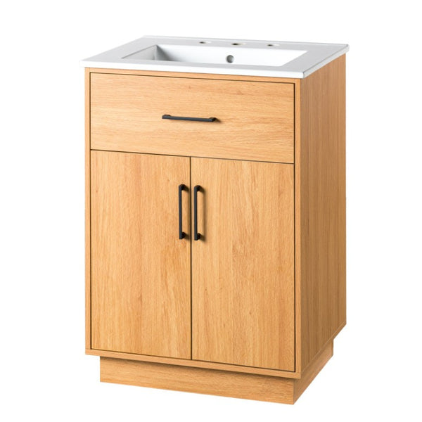 English Elm Viedo]24-Inch Bathroom Vanity Ceramic Sink Wood Grain Cabinet Soft-Close Storage N729P517639N