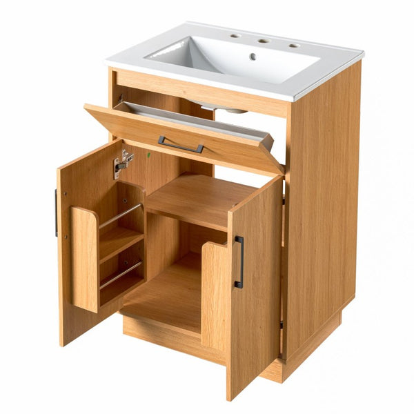 English Elm Viedo]24-Inch Bathroom Vanity Ceramic Sink Wood Grain Cabinet Soft-Close Storage N729P517639N