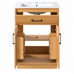 English Elm Viedo]24-Inch Bathroom Vanity Ceramic Sink Wood Grain Cabinet Soft-Close Storage N729P517639N
