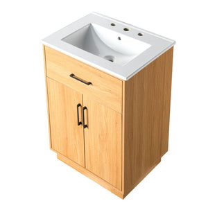 English Elm Viedo]24-Inch Bathroom Vanity Ceramic Sink Wood Grain Cabinet Soft-Close Storage N729P517639N