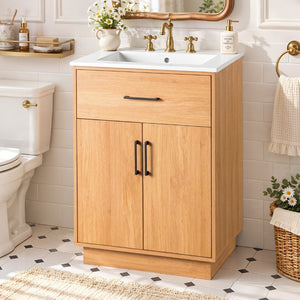 English Elm Viedo]24-Inch Bathroom Vanity Ceramic Sink Wood Grain Cabinet Soft-Close Storage N729P517639N