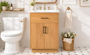 English Elm Viedo]24-Inch Bathroom Vanity Ceramic Sink Wood Grain Cabinet Soft-Close Storage N729P517639N