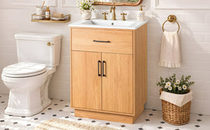 English Elm Viedo]24-Inch Bathroom Vanity Ceramic Sink Wood Grain Cabinet Soft-Close Storage N729P517639N