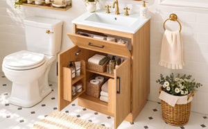 English Elm Viedo]24-Inch Bathroom Vanity Ceramic Sink Wood Grain Cabinet Soft-Close Storage N729P517639N