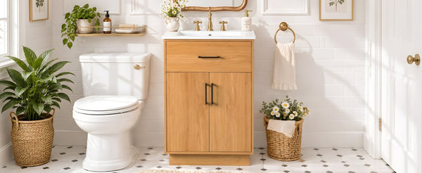 English Elm Viedo]24-Inch Bathroom Vanity Ceramic Sink Wood Grain Cabinet Soft-Close Storage N729P517639N