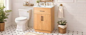English Elm Viedo]24-Inch Bathroom Vanity Ceramic Sink Wood Grain Cabinet Soft-Close Storage N729P517639N