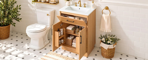 English Elm Viedo]24-Inch Bathroom Vanity Ceramic Sink Wood Grain Cabinet Soft-Close Storage N729P517639N
