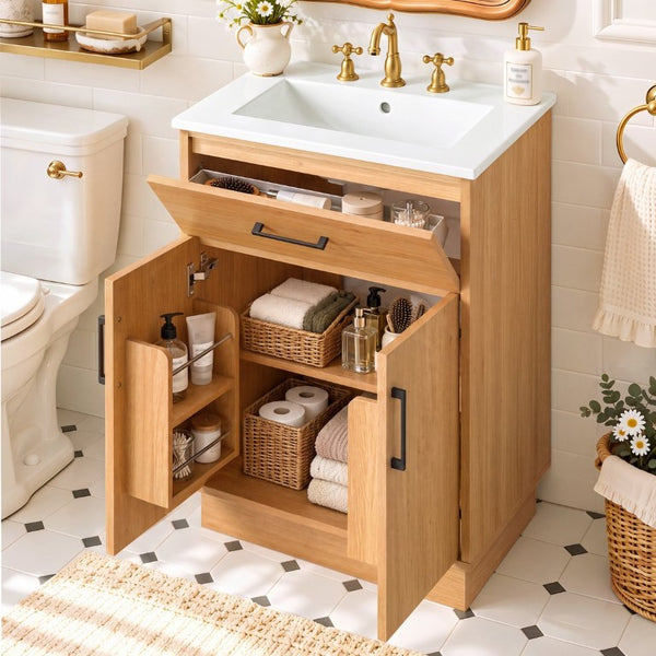 English Elm Viedo]24-Inch Bathroom Vanity Ceramic Sink Wood Grain Cabinet Soft-Close Storage N729P517639N