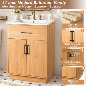 English Elm Viedo]24-Inch Bathroom Vanity Ceramic Sink Wood Grain Cabinet Soft-Close Storage N729P517639N