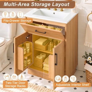 English Elm Viedo]24-Inch Bathroom Vanity Ceramic Sink Wood Grain Cabinet Soft-Close Storage N729P517639N
