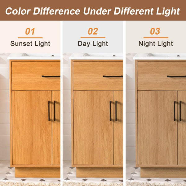 English Elm Viedo]24-Inch Bathroom Vanity Ceramic Sink Wood Grain Cabinet Soft-Close Storage N729P517639N