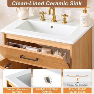 English Elm Viedo]24-Inch Bathroom Vanity Ceramic Sink Wood Grain Cabinet Soft-Close Storage N729P517639N
