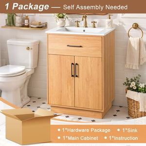 English Elm Viedo]24-Inch Bathroom Vanity Ceramic Sink Wood Grain Cabinet Soft-Close Storage N729P517639N