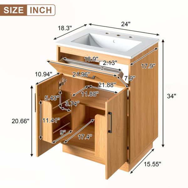 English Elm Viedo]24-Inch Bathroom Vanity Ceramic Sink Wood Grain Cabinet Soft-Close Storage N729P517639N