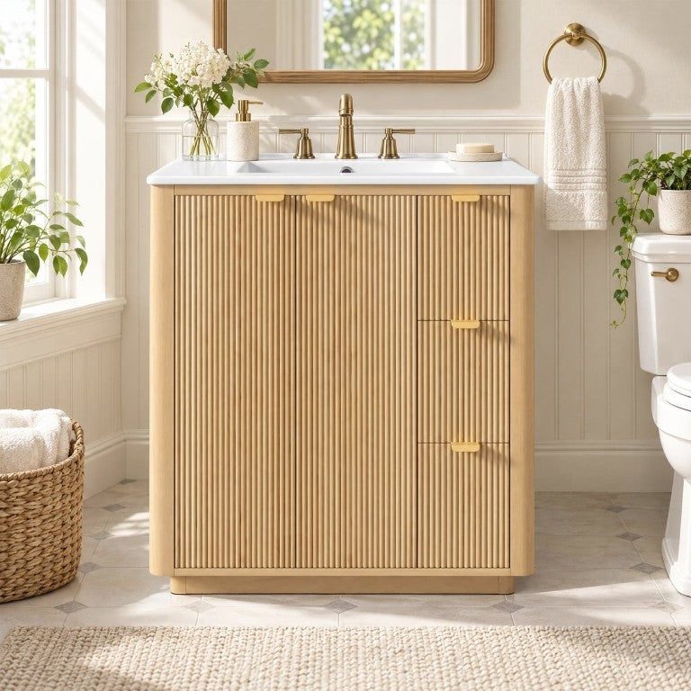 English Elm 30 Inch Freestanding Bathroom Vanity Solid Wood Frame Ceramic Sink Gold Hardware N729P519358N
